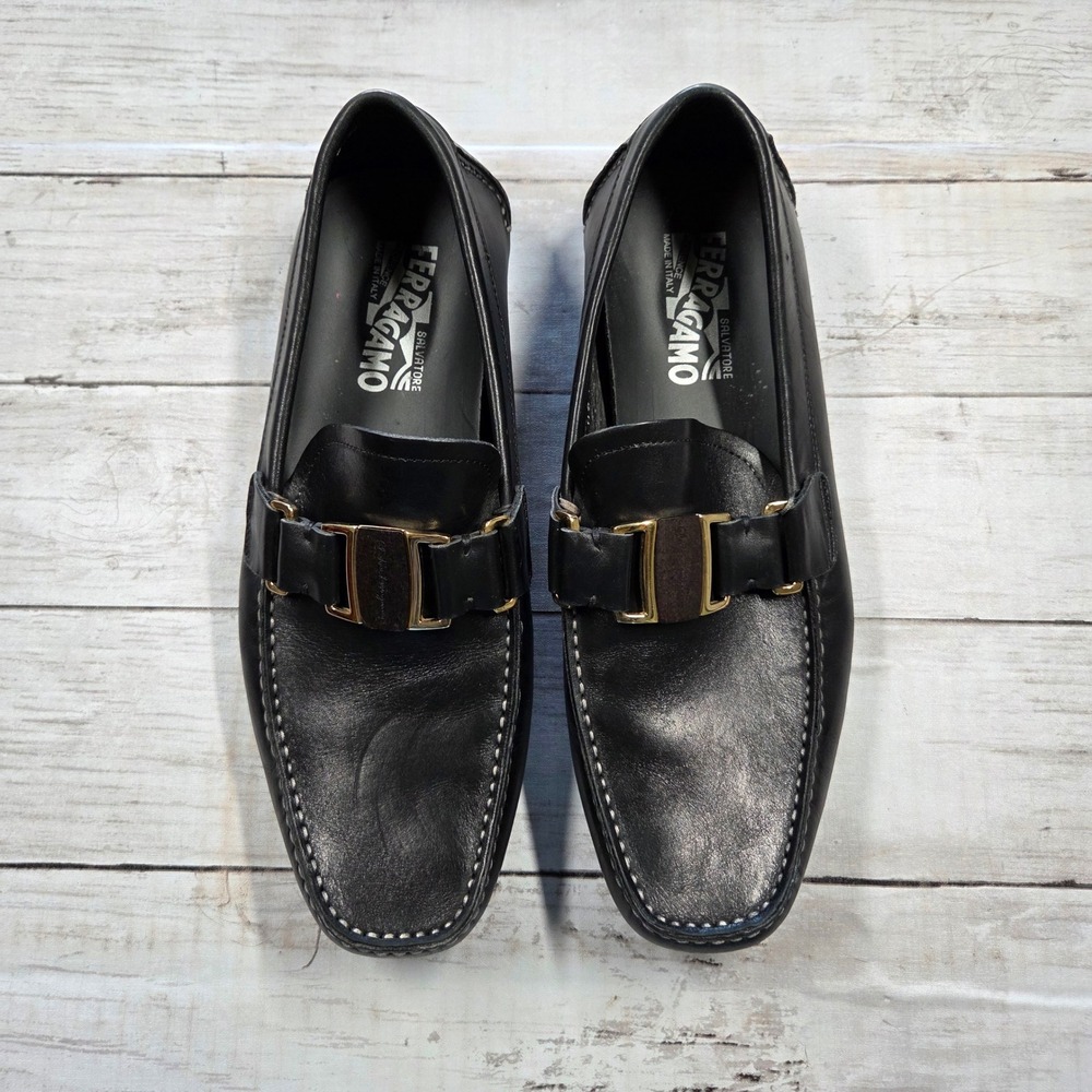 Salvatore Ferragamo Loafers Mens 7.5D Black Leather Wood Buckle‎ Driver Shoes - Picture 6 of 15